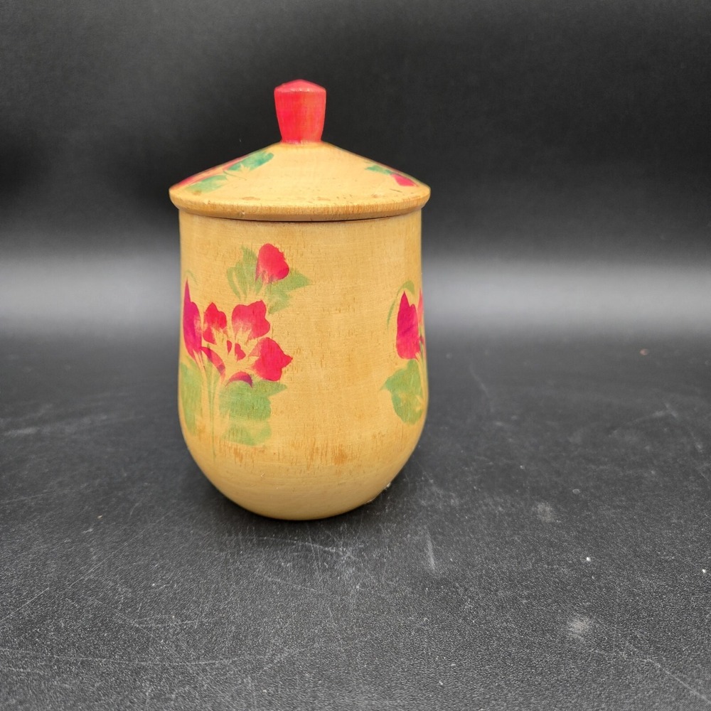 Vtg‎ Russian ? Ukranian Wooden Container Vase with Lid Folk Art Pink Floral - Picture 6 of 13